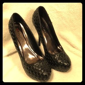 Black woven platform stilettos